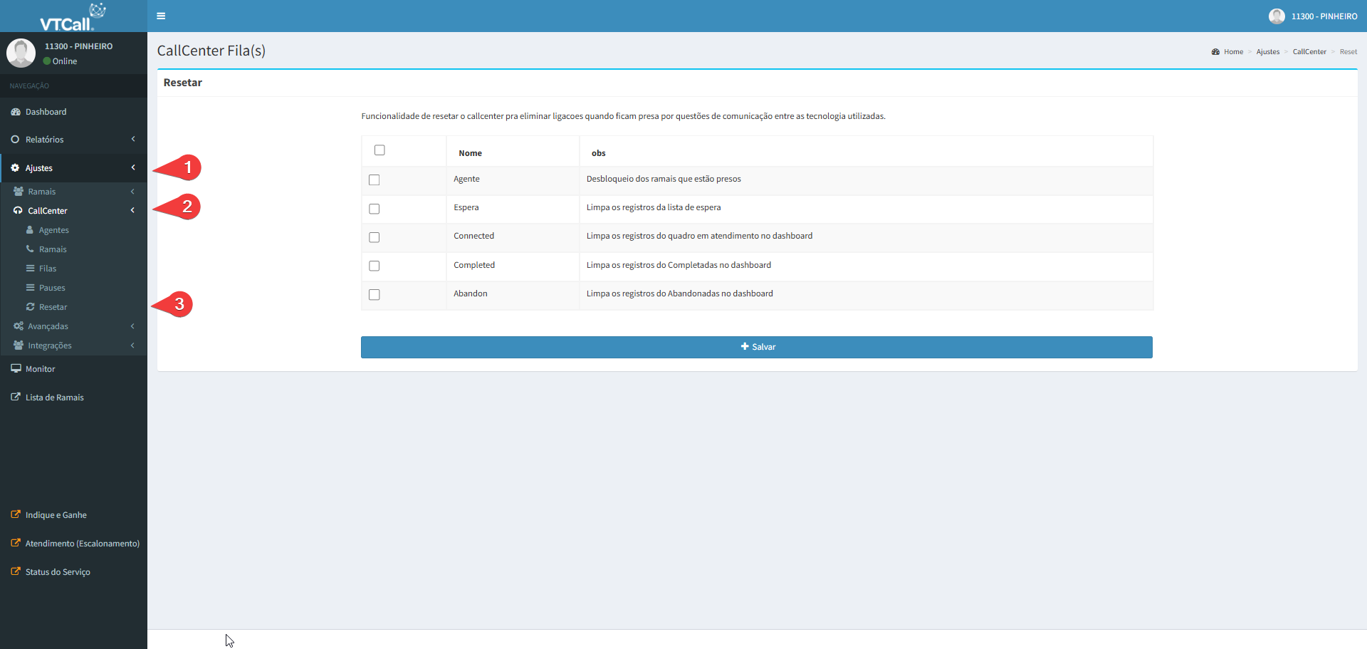 Tela Resetar Callcenter